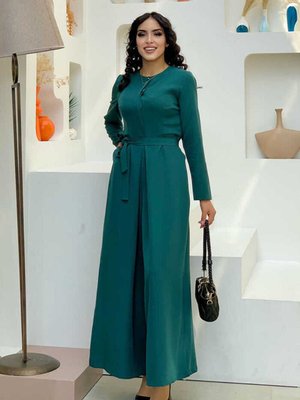 Göğüs Kısmı Gizli Düğme Detaylı Bel Kuşaklı Tulum Zümrüt Göğüs Kısmı Gizli Düğme Detaylı Bel Kuşaklı Tulum Zümrüt