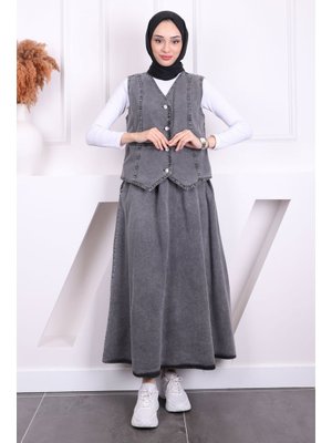 Antrasit Yelek Etek İkili Kot Takım