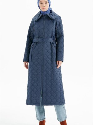 Cepli Kuşaklı Kapitone Manto İndigo Cepli Kuşaklı Kapitone Manto İndigo