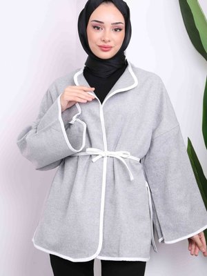 Gri Bel Bağlamalı Kaşe Kimono Ceket