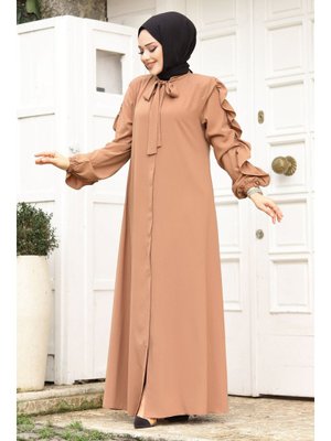 Camel Kolu Fırfırlı Yakası Bağlama Detaylı Ferace Camel Kolu Fırfırlı Yakası Bağlama Detaylı Ferace