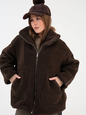 Kahverengi Şerit Detaylı Fermuarlı Peluş Mont Kahverengi Şerit Detaylı Fermuarlı Peluş Mont