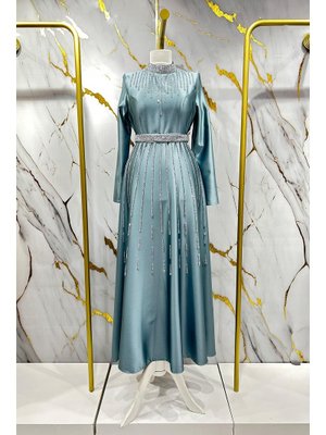 Mint Yeşili Nevra Saten Abiye Elbise