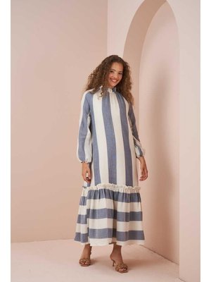 Mavi Etek Ucu Fırfırlı Kalın Çizgili Müslin Elbise