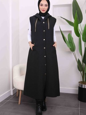 Siyah Kapüşonlu Kapitone Uzun Yelek Siyah Kapüşonlu Kapitone Uzun Yelek