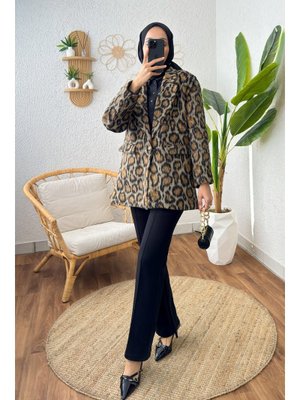 Taş Rengi Leopar Desen Tek Düğme Ceket