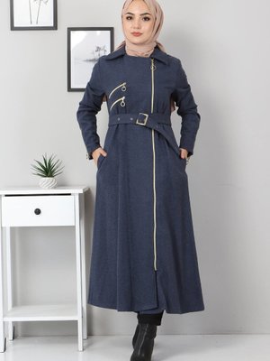 İndigo Fermuar Detaylı Kaşe Kaban