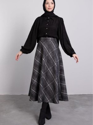 Ekose Desenli Kaşe Etek Füme