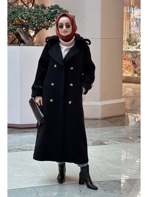 Siyah Uzun Apolet Detaylı Kaşe Kaban
