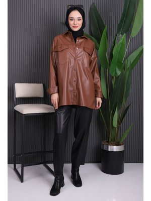 Kahverengi Çift Cepli Deri Gömlek