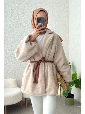 Taş Rengi Balon Kol Kuşaklı Kaban