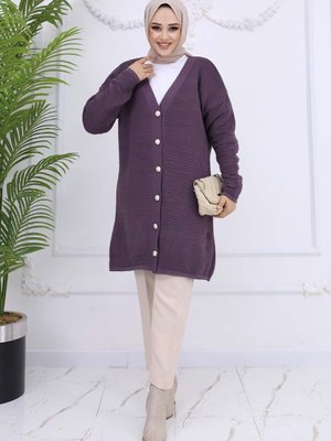 Düğme Detaylı Fitilli Hırka Mürdüm