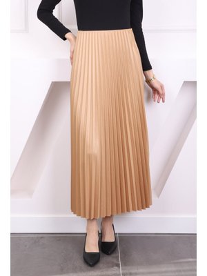 Koyu Bej Deri Görünümlü Piliseli Etek Koyu Bej Deri Görünümlü Piliseli Etek