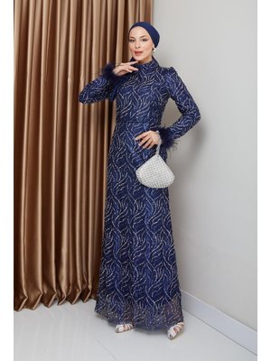 Lacivert Tüy Detaylı Glitter Abiye Elbise Lacivert Tüy Detaylı Glitter Abiye Elbise