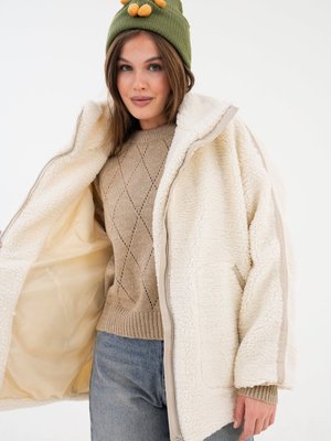 Krem Şerit Detaylı Fermuarlı Peluş Mont Krem Şerit Detaylı Fermuarlı Peluş Mont
