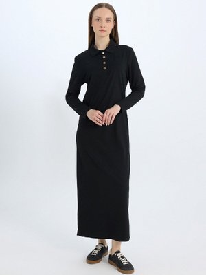 Regular Fit Yaka Basic Düz Uzun Kollu Pike Maxi Gömlek Elbise