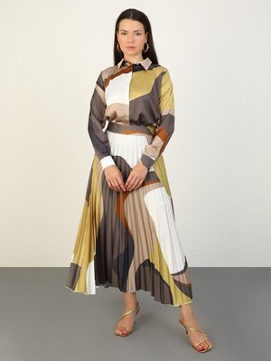 Piliseli Geometrik Desenli Saten Şık Etek Yag Yesili