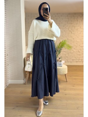 İndigo Kurdele Detaylı Süet Etek