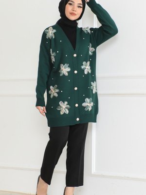 Yeşil Çiçek İşlemeli Triko Hırka