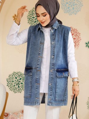 Düğmeli Koyu Mavi Kot Yelek
