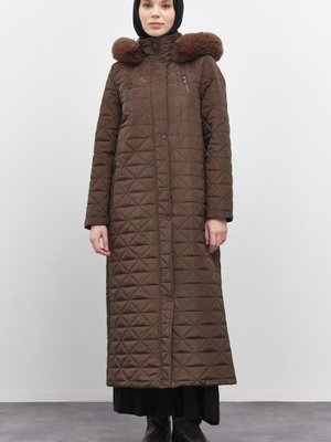 Fermuar Cep Detaylı Kapüşonlu Kapitone Manto Kahve