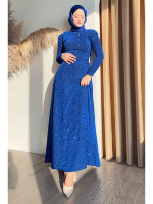 Simli Kruvaze Büzgülü Saks Mavisi Elbise Simli Kruvaze Büzgülü Saks Mavisi Elbise