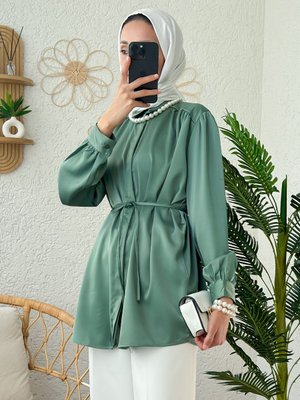 Omuz Büzgülü Saten Gömlek Mint Yeşili