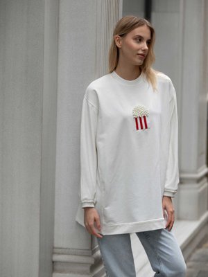 Popcorn Motifli Sweatshırt Ekru