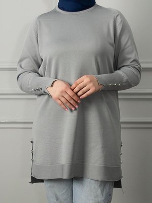 Gri Düğme Detaylı Tunik