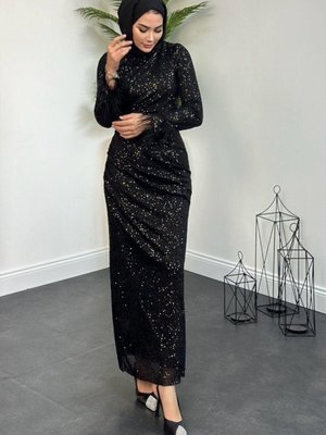 Kol Saçak Payet Abiye Elbise Siyah Kol Saçak Payet Abiye Elbise Siyah