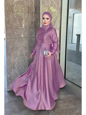 Lila Birce Saten Abiye Elbise