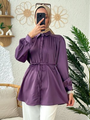 Omuz Büzgülü Saten Gömlek Mor