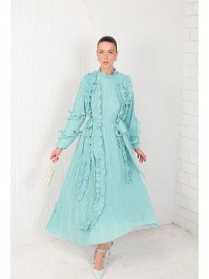 Su Yeşili Pilise Detaylı Elbise