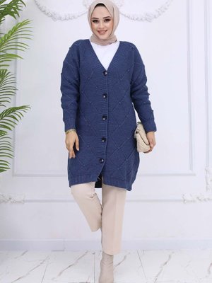 Baklava Desenli Hırka İndigo