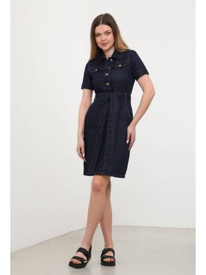 Kemerli Koyu Lacivert Jean Elbise