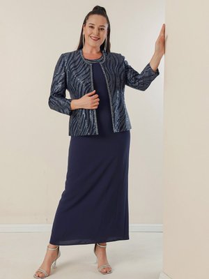Lacivert Pulpayet Ceket Yarım Ay Kollu Astarlı Krep Elbise Büyük Beden 2'li Takım