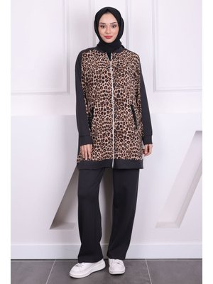 Füme Payetli Leopar Modal Tunik Pantolonlu