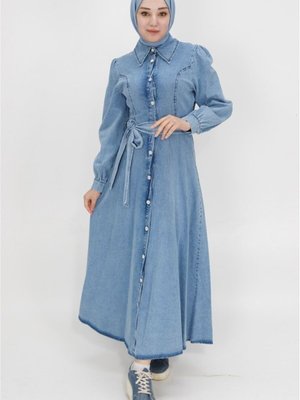 Mavi Yaka Düğmeli Ve Kemerli Kot Kumaş Spor Gömlek Elbise Mavi Yaka Düğmeli Ve Kemerli Kot Kumaş Spor Gömlek Elbise