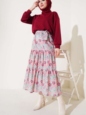 Bordo Çiçek Desenli Etekli İkili Takım Bordo Çiçek Desenli Etekli İkili Takım