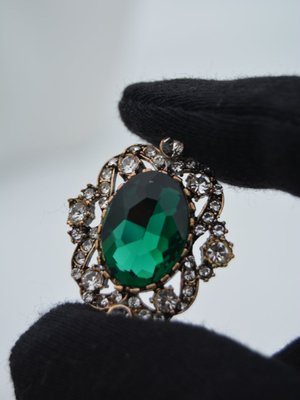 Yeşil Zümrüt Taşlı Bronz Broş