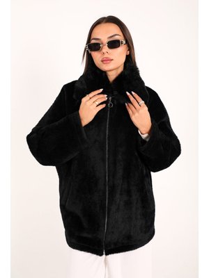 Siyah Angora Kürk Yaka Kaban