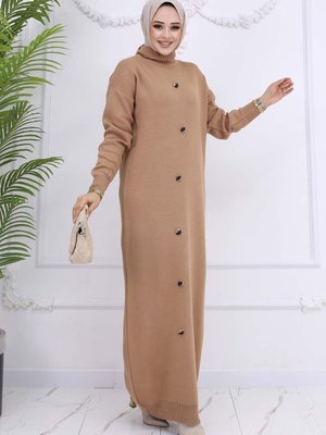 Düğme Detaylı Triko Elbise Vizon