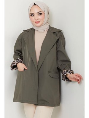 Haki Leopar Detaylı Oversize Bondit Ceket Haki Leopar Detaylı Oversize Bondit Ceket