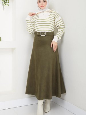 Kemerli Süet Mevlana Etek Haki