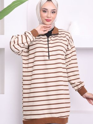 Kahverengi Ribanalı Yaka Fermuarlı Çizgili Sweat Kahverengi Ribanalı Yaka Fermuarlı Çizgili Sweat