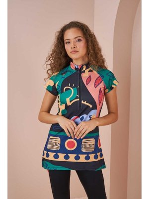 Siyah Oyun Desen Yarı Kapalı Mayo