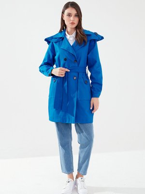 Kadın Oversize Kısa Trençkot Saks Mavi