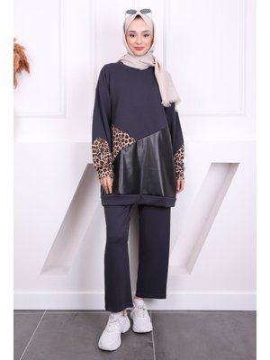 Füme Deri Garnili Modal Tunik Pantolonlu Takım