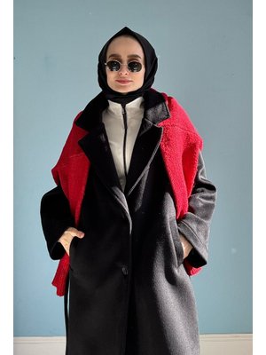 Siyah Oversize Biyeli Kaşe Kaban