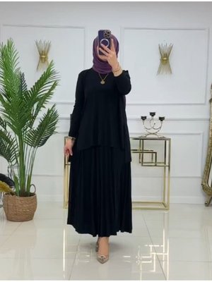 Sandy Siyah Genç Anne 2li Bluz Etek Piliseli İkili Etekli Takım